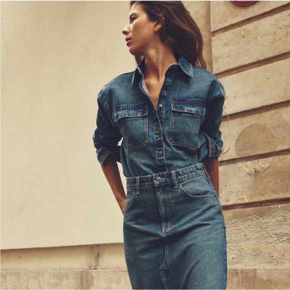 Zara set Long front Slit Denim High waist Skirt & Jacket Indigo Dark Blue S NWT - Picture 16 of 16